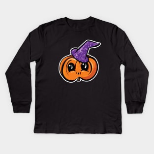 Cute Halloween Pumpkin With Witches Hat Cartoon Kids Long Sleeve T-Shirt